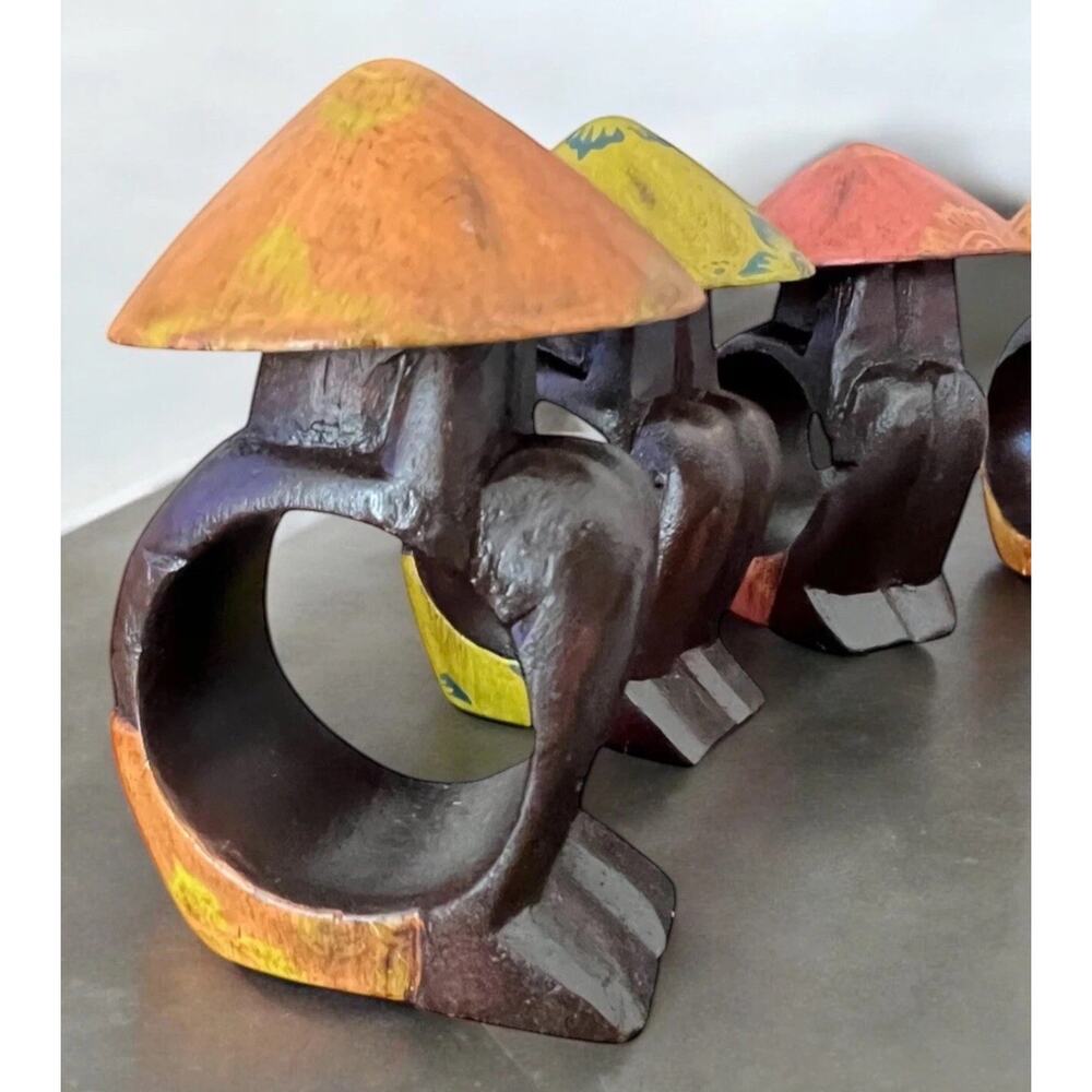 PIER 1 IMPORTS Wooden Carved Napkin Rings Asian SET OF 4 RICE HAT 1717-33